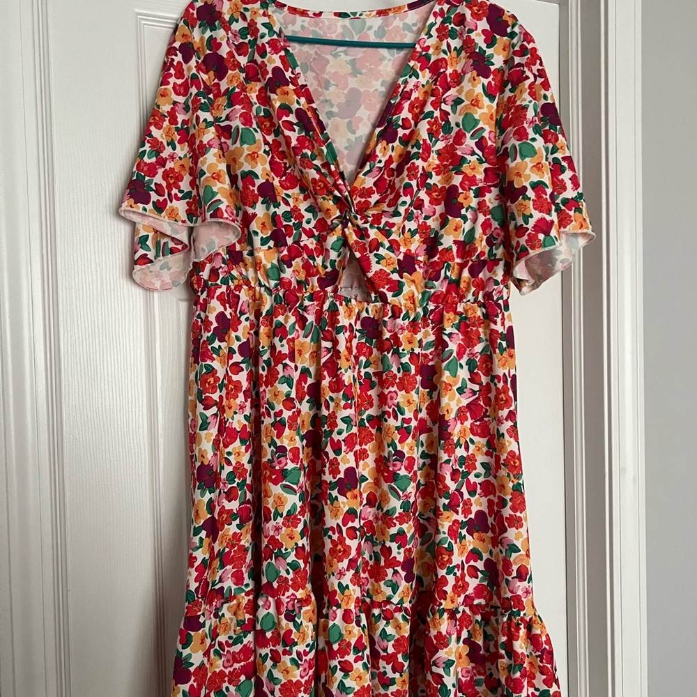 Floral V-Neck Dress with Ruffle Sleeves
